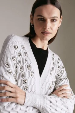 Karen Millen Honeycomb Knit Edge To Edge Cardigan -Karen Millen shop grey honeycomb knit edge to edge cardigan 3