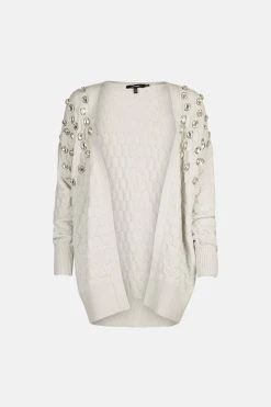 Karen Millen Honeycomb Knit Edge To Edge Cardigan -Karen Millen shop grey honeycomb knit edge to edge cardigan 4
