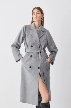 Karen Millen Italian Luxurious Textured Wool Belted Coat -Karen Millen shop grey italian luxurious textured wool belted coat 1