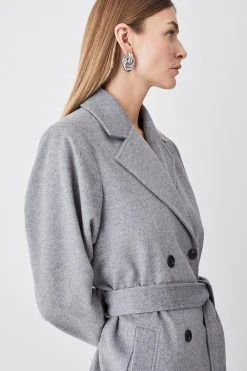 Karen Millen Italian Luxurious Textured Wool Belted Coat -Karen Millen shop grey italian luxurious textured wool belted coat 4