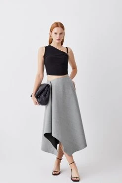 Karen Millen Asymmetric Wool Flannel Midi Full Skirt -Karen Millen shop grey marl asymmetric wool flannel midi full skirt 1 2