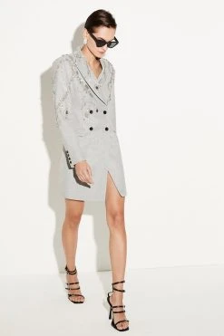 Karen Millen Wool Blend Embellished Tailored Blazer Mini Dress -Karen Millen shop grey marl wool blend embellished tailored blazer mini dress 4