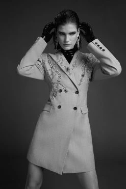 Karen Millen Wool Blend Embellished Tailored Blazer Mini Dress -Karen Millen shop grey marl wool blend embellished tailored blazer mini dress 5