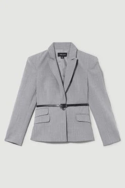Karen Millen Wool Blend Strong Shoulder Tailored Belted Jacket -Karen Millen shop grey marl wool blend strong shoulder tailored belted jacket 1 1