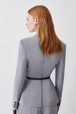 Karen Millen Wool Blend Strong Shoulder Tailored Belted Jacket -Karen Millen shop grey marl wool blend strong shoulder tailored belted jacket 1 3