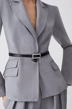Karen Millen Wool Blend Strong Shoulder Tailored Belted Jacket -Karen Millen shop grey marl wool blend strong shoulder tailored belted jacket 1 4