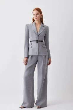 Karen Millen Wool Blend Tailored Wide Leg Trouser -Karen Millen shop grey marl wool blend tailored wide leg trouser 1 3