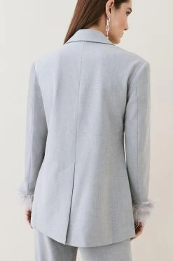 Karen Millen Tall Feather Cuff Detail Single Breasted Blazer -Karen Millen shop grey tall feather cuff detail single breasted blazer 4