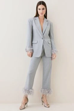 Karen Millen Tall Feather Cuff Detail Single Breasted Blazer -Karen Millen shop grey tall feather cuff detail single breasted blazer 5