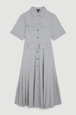 Karen Millen Utility Pocket Belted Short Sleeve Midi Dress -Karen Millen shop grey utility pocket belted short sleeve midi dress 1