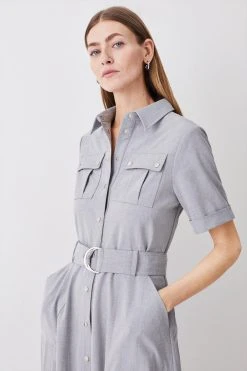 Karen Millen Utility Pocket Belted Short Sleeve Midi Dress -Karen Millen shop grey utility pocket belted short sleeve midi dress 2