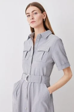 Karen Millen Utility Pocket Belted Short Sleeve Midi Dress -Karen Millen shop grey utility pocket belted short sleeve midi dress 4