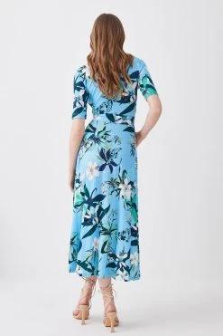 Karen Millen Half Sleeve Floral Printed Jersey Wrap Midi Dress -Karen Millen shop half sleeve floral printed jersey wrap midi dress 1 1