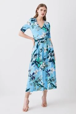 Karen Millen Half Sleeve Floral Printed Jersey Wrap Midi Dress -Karen Millen shop half sleeve floral printed jersey wrap midi dress 1 3