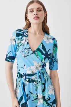Karen Millen Half Sleeve Floral Printed Jersey Wrap Midi Dress -Karen Millen shop half sleeve floral printed jersey wrap midi dress 1 4
