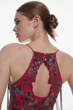 Karen Millen Beaded Embellished Fringed Satin Woven Slip 11 Karen Millen Beaded Embellished Fringed Satin Woven Slip -Karen Millen shop hot pink beaded embellished fringed satin woven slip 2