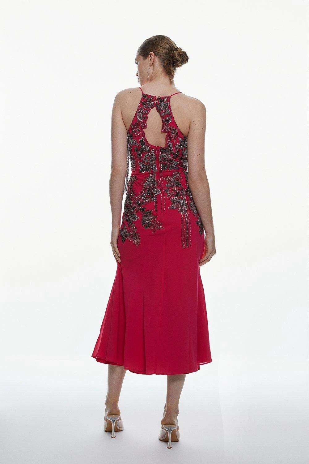 Karen Millen Beaded Embellished Fringed Satin Woven Slip 3 Karen Millen Beaded Embellished Fringed Satin Woven Slip