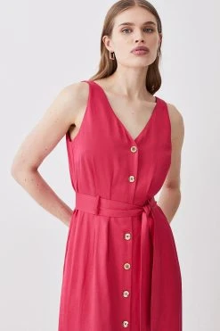 Karen Millen Belted Premium Linen Woven Midi Dress -Karen Millen shop hot pink belted premium linen woven midi dress 1