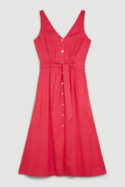 Karen Millen Belted Premium Linen Woven Midi Dress -Karen Millen shop hot pink belted premium linen woven midi dress 3