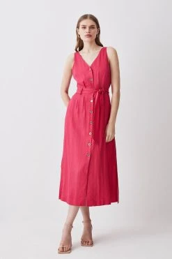 Karen Millen Belted Premium Linen Woven Midi Dress -Karen Millen shop hot pink belted premium linen woven midi dress 4