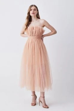 Karen Millen Corseted Tulle Woven Midi Dress -Karen Millen shop hot pink corseted tulle woven midi dress 1