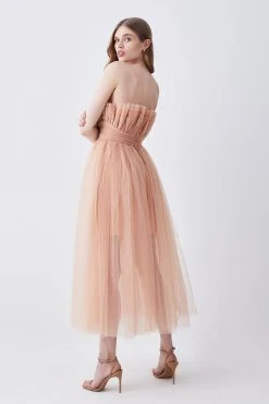 Karen Millen Corseted Tulle Woven Midi Dress -Karen Millen shop hot pink corseted tulle woven midi dress 3