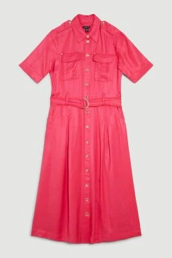 Karen Millen Premium Linen Woven Shirt Dress -Karen Millen shop hot pink premium linen woven shirt dress 1