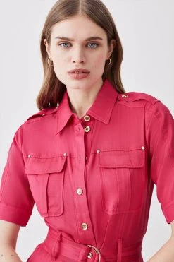 Karen Millen Premium Linen Woven Shirt Dress -Karen Millen shop hot pink premium linen woven shirt dress 3