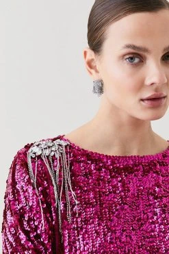 Karen Millen Tall Sequin & Crystal Embellished Woven Dress 13 Karen Millen Tall Sequin & Crystal Embellished Woven Dress -Karen Millen shop hot pink tall sequin crystal embellished woven dress 5