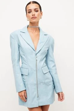 Karen Millen Petite Leather Moto Fitted Biker Blazer Mini Dress -Karen Millen shop ice blue petite leather moto fitted biker blazer mini dress 1
