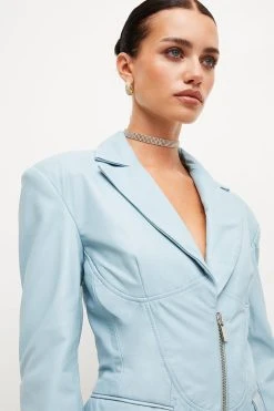 Karen Millen Petite Leather Moto Fitted Biker Blazer Mini Dress -Karen Millen shop ice blue petite leather moto fitted biker blazer mini dress 2