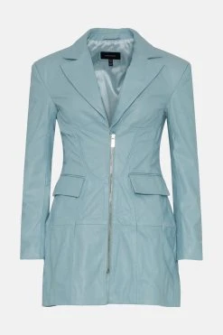 Karen Millen Petite Leather Moto Fitted Biker Blazer Mini Dress -Karen Millen shop ice blue petite leather moto fitted biker blazer mini dress 3