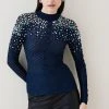 Karen Millen Crystal Embellished Scale Stitch Knit Jumper -Karen Millen shop ink crystal embellished scale stitch knit jumper