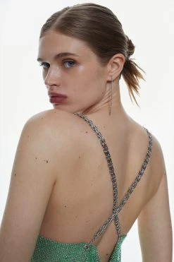 Karen Millen Iridescent Green Chain Mail Cowl Neck Mini Dress