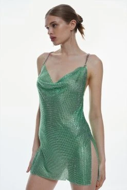 Karen Millen Iridescent Green Chain Mail Cowl Neck Mini Dress -Karen Millen shop iridescent green chain mail cowl neck mini dress 1 2
