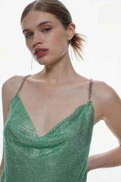 Karen Millen Iridescent Green Chain Mail Cowl Neck Mini Dress -Karen Millen shop iridescent green chain mail cowl neck mini dress 1 3