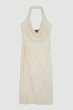 Karen Millen Sequin Halter Cowl Neck Maxi Dress -Karen Millen shop iridescent sequin halter cowl neck maxi dress 2