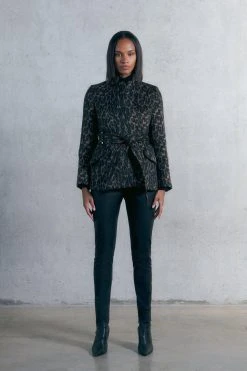 Karen Millen Italian Wool Blend Animal Jacquard Investment Notch Neck Short Coat -Karen Millen shop italian wool blend animal jacquard investment notch neck short coat 1