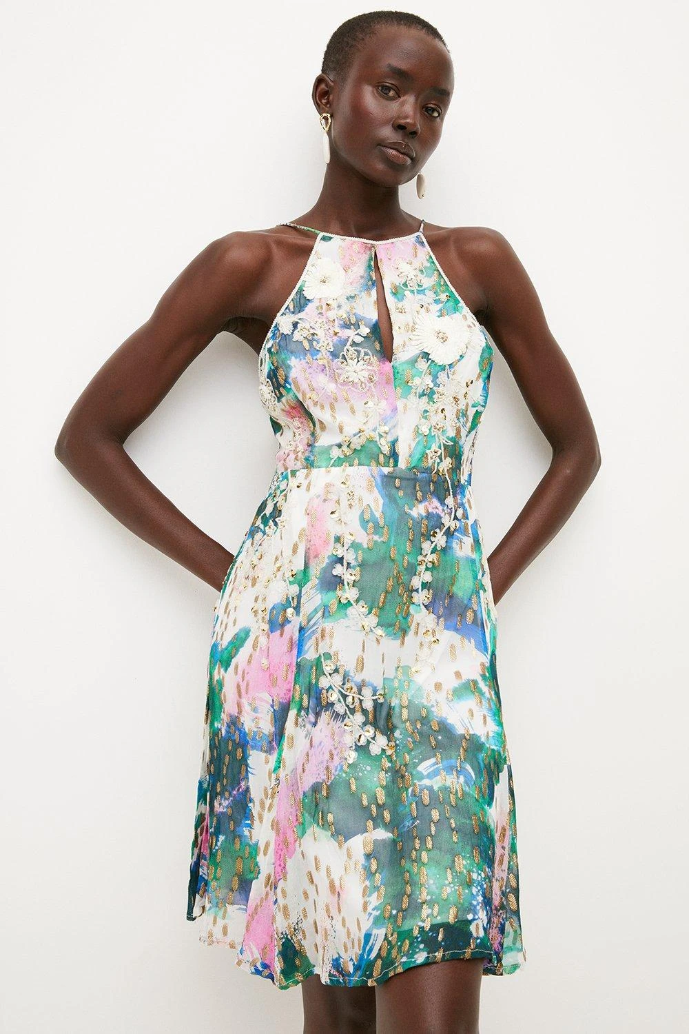 Karen Millen Abstract Print Applique Detail Halter Dress 4 Karen Millen Abstract Print Applique Detail Halter Dress - Image 2