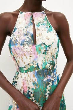 Karen Millen Abstract Print Applique Detail Halter Dress 10 Karen Millen Abstract Print Applique Detail Halter Dress -Karen Millen shop ivory abstract print applique detail halter dress 3