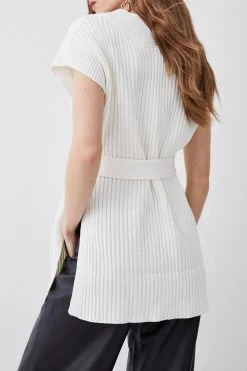 Karen Millen Belted Knitted Sleeveless V-neck Tabard -Karen Millen shop ivory belted knitted sleeveless v neck tabard 1 1