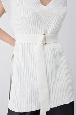 Karen Millen Belted Knitted Sleeveless V-neck Tabard -Karen Millen shop ivory belted knitted sleeveless v neck tabard 1 2