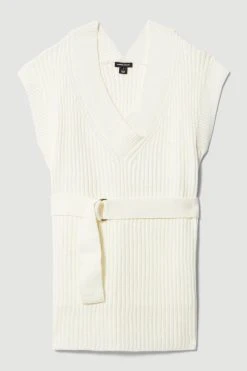 Karen Millen Belted Knitted Sleeveless V-neck Tabard -Karen Millen shop ivory belted knitted sleeveless v neck tabard 1 3
