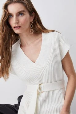 Karen Millen Belted Knitted Sleeveless V-neck Tabard -Karen Millen shop ivory belted knitted sleeveless v neck tabard 1 4