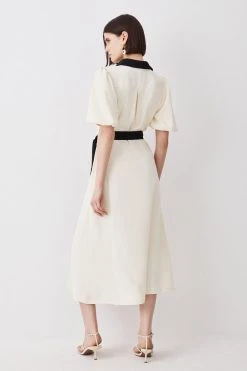 Karen Millen Belted Twill Short Sleeve Midi Dress -Karen Millen shop ivory belted twill short sleeve midi dress 2