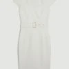 Karen Millen Cap Sleeve Scuba Crepe Belted Midi Pencil Dress -Karen Millen shop ivory cap sleeve scuba crepe belted midi pencil dress