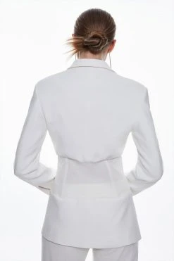 Karen Millen Compact Stretch Contrast Panel Detail Waist Blazer -Karen Millen shop ivory compact stretch contrast panel detail waist blazer 2
