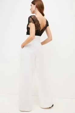 Karen Millen Compact Stretch High Waist Wide Leg Trouser -Karen Millen shop ivory compact stretch high waist wide leg trouser 3