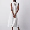 Karen Millen Compact Stretch Viscose High Neck Tie Detail Midi Dress -Karen Millen shop ivory compact stretch viscose high neck tie detail midi dress