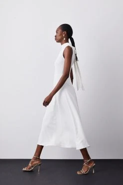 Karen Millen Compact Stretch Viscose High Neck Tie Detail Midi Dress -Karen Millen shop ivory compact stretch viscose high neck tie detail midi dress 4